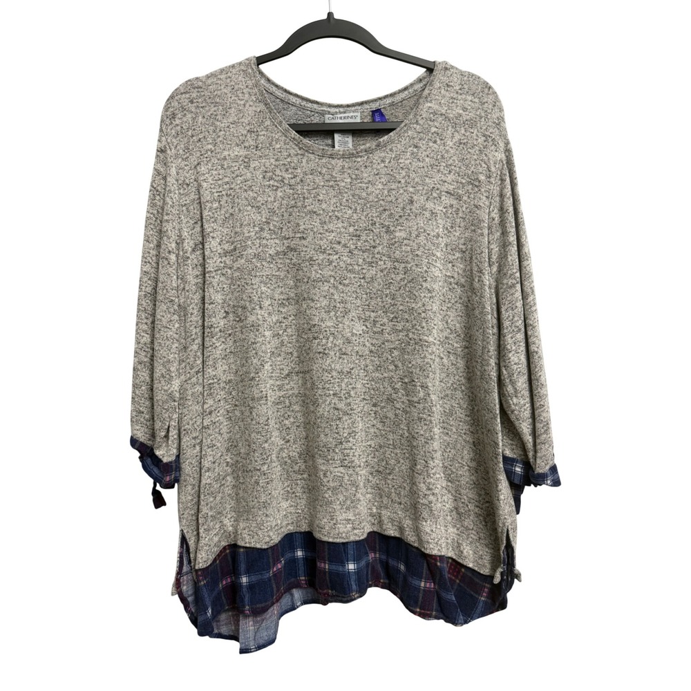 Catherines Womens 2XWP Gray Heathered Plaid Hem Layered Tunic Top 3/4 Tie Sleeve
